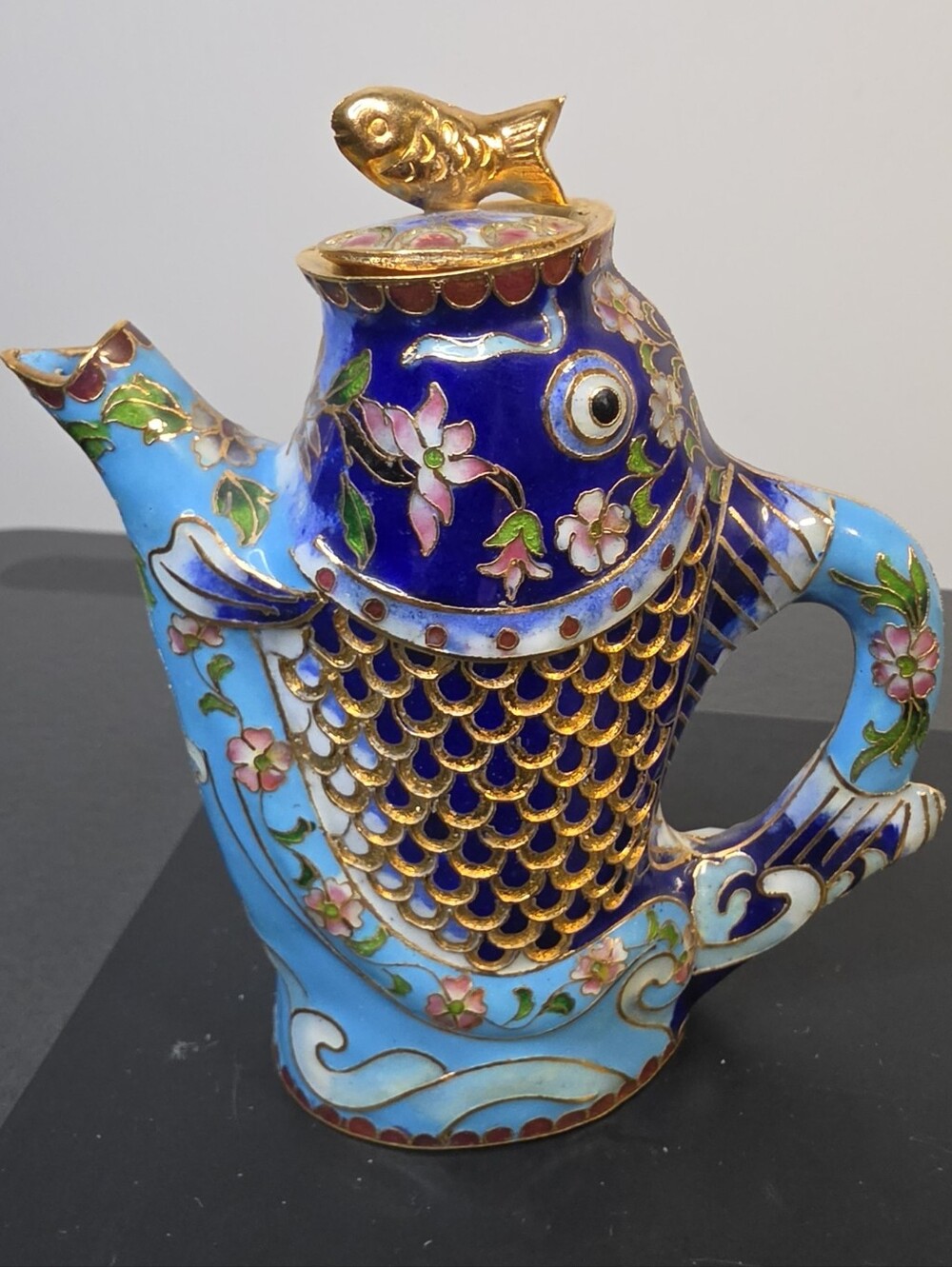 Cloisonné Fish-Shaped Teapot Pitcher in Blue and Gold